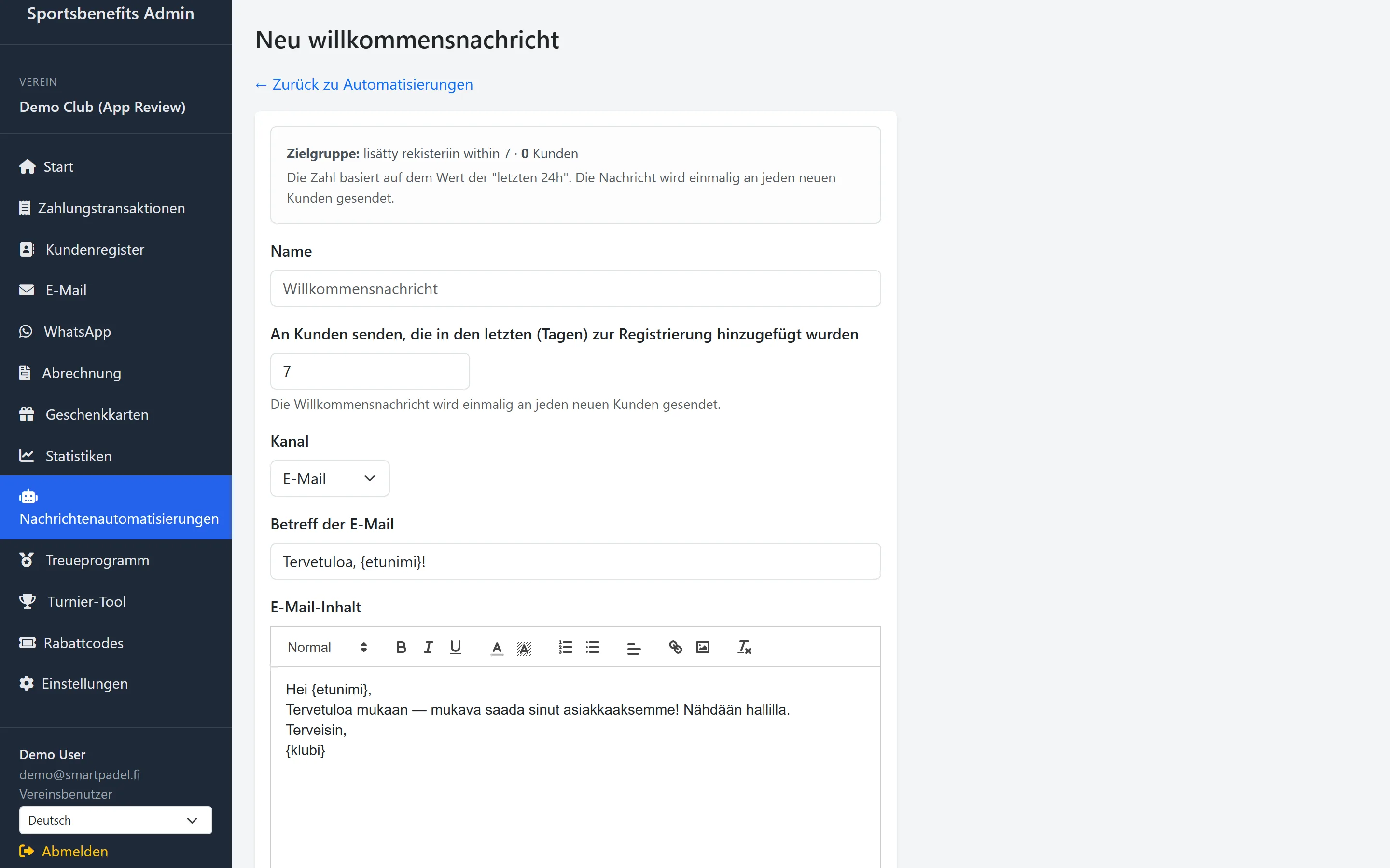 Screenshot: Nachrichtenautomatisierung lädt inaktive Spieler zurück ein