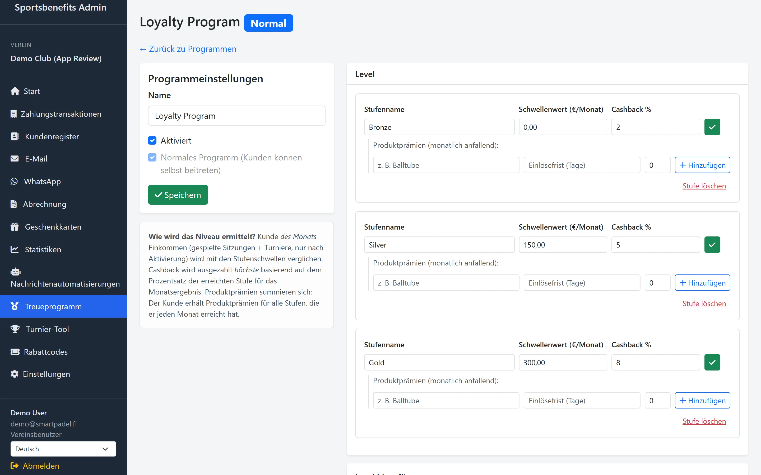 Screenshot: Treueprogramm-Stufen und Belohnungen im Dashboard