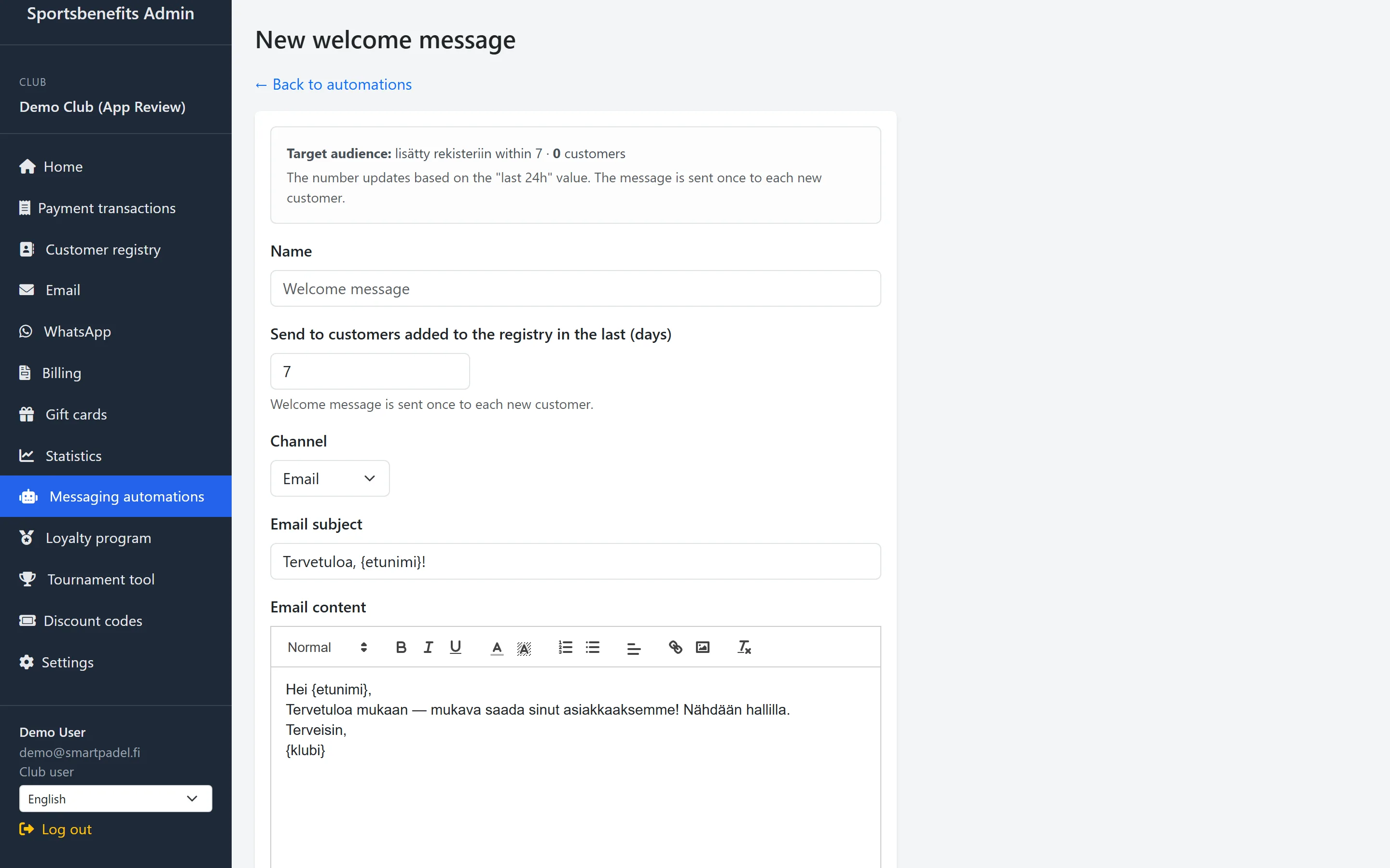 Screenshot: message automation invites inactive players back