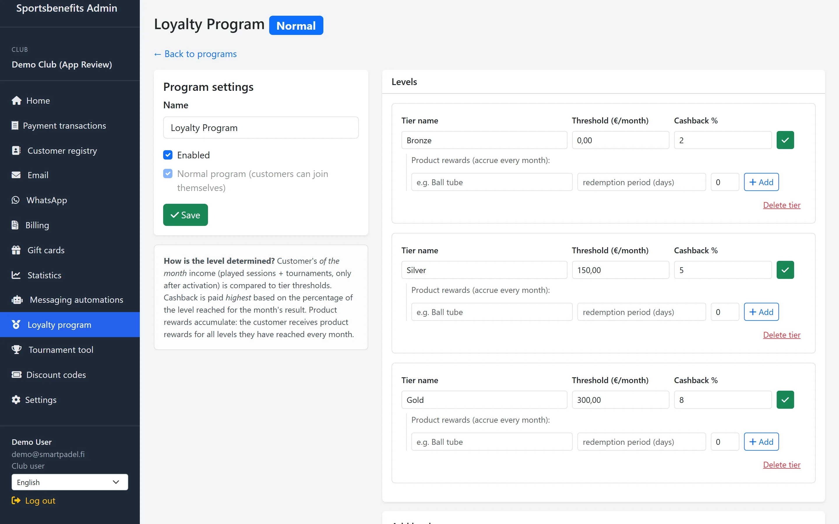 Screenshot: loyalty program levels and rewards in the dashboard