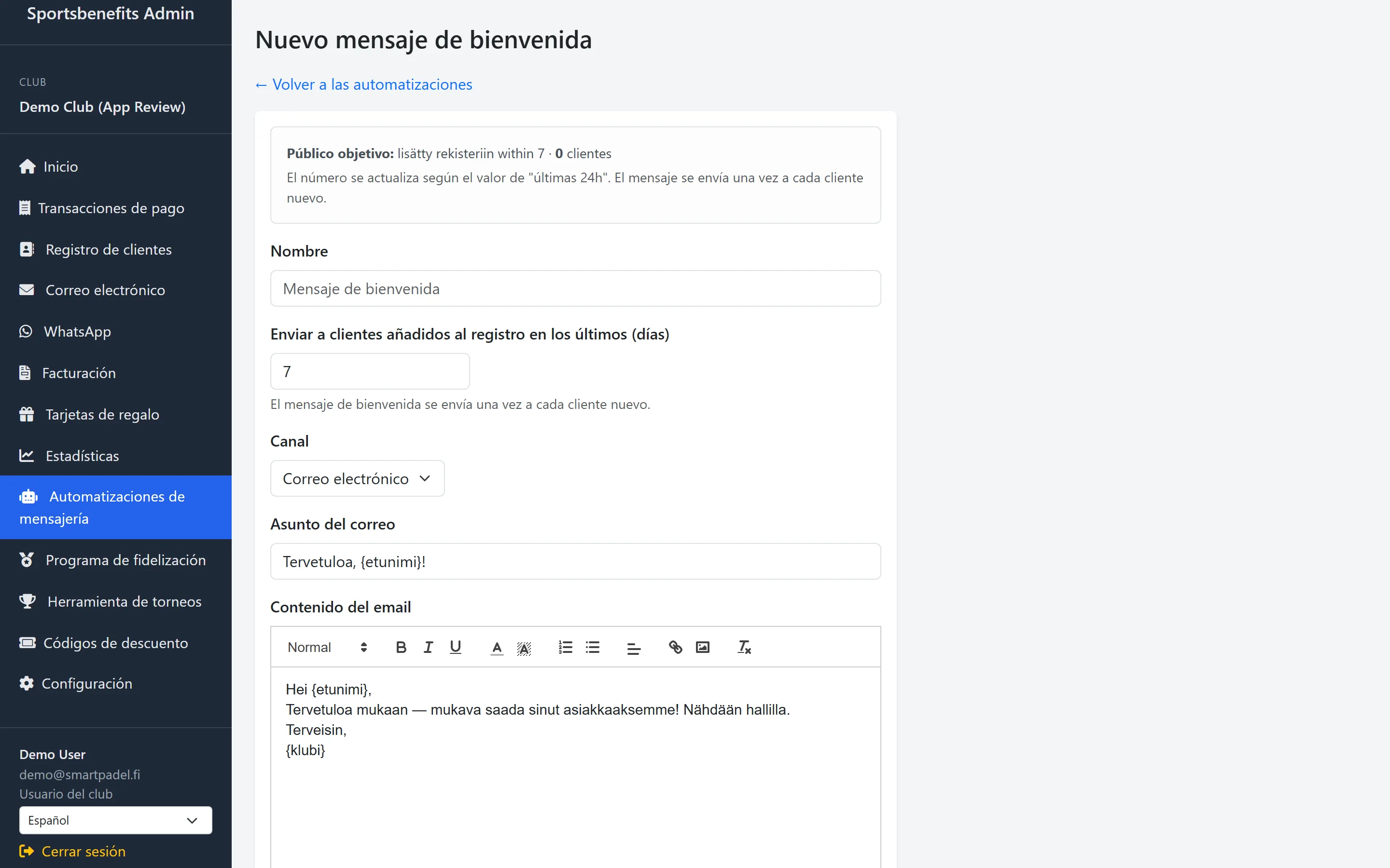 Captura de pantalla: la automatización de mensajes invita a volver a jugadores inactivos