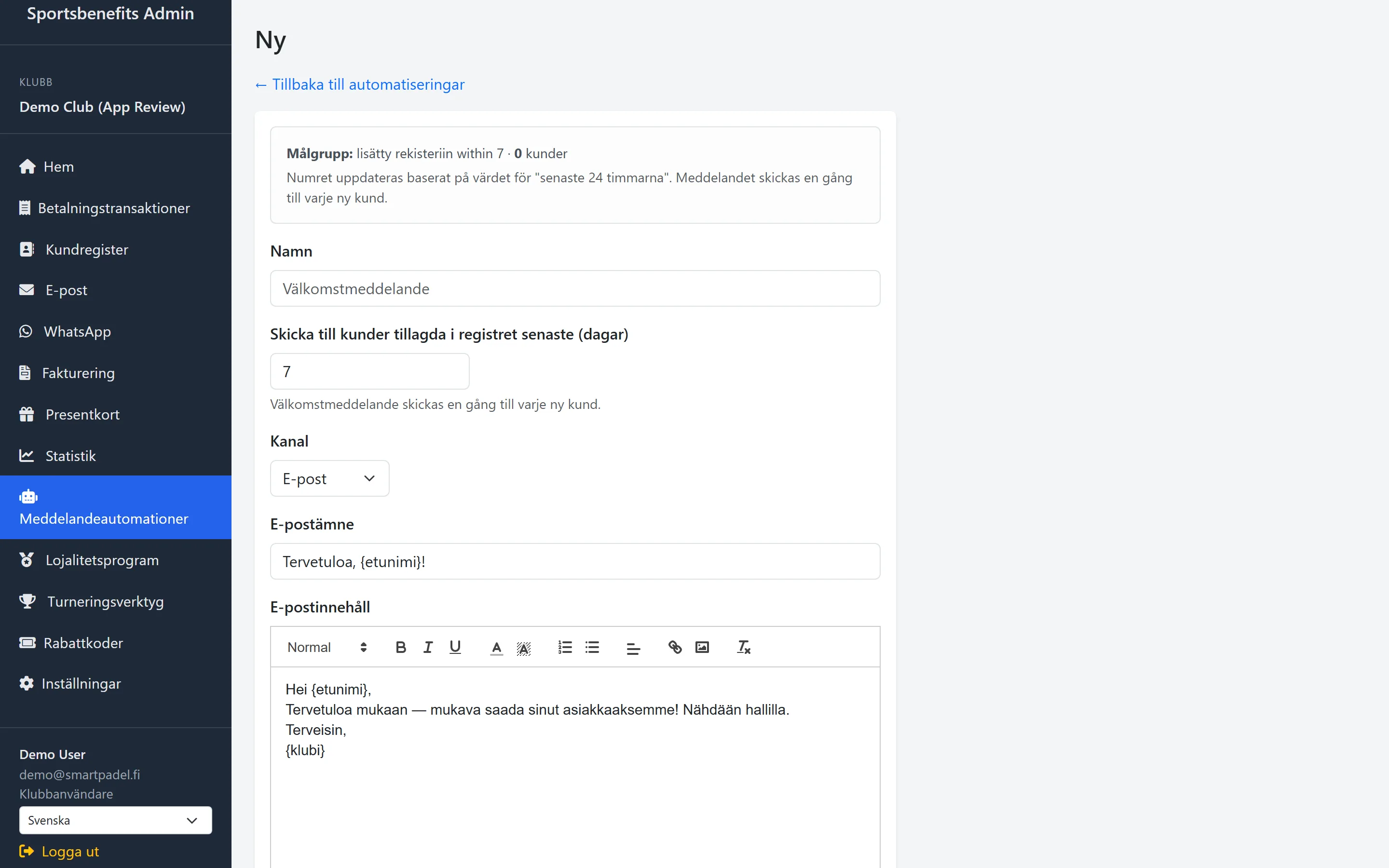 Skärmdump: meddelandeautomation bjuder tillbaka inaktiva spelare